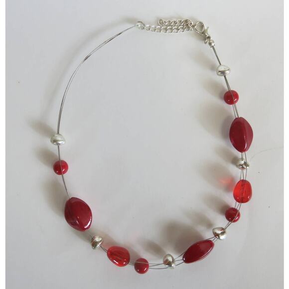 unbranded Jewelry - Necklace Multi Strand  Red and Silver Tone Beads with Lobster Clasp 18" Jewelry